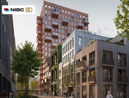 Moderne appartementencomplexen in verschillende architectuurstijlen, omringd door groen en met balustrades, onder een heldere lucht.