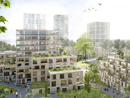 Moderne gebouwcomplexen met groene daken en veel bomen, omringd door een park met mensen die buitenactiviteiten uitvoeren.