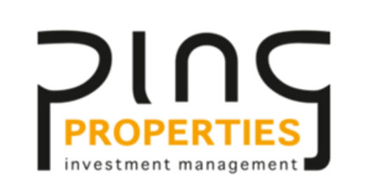 Logo van Ping Properties, met 'Ping' in zwarte letters en 'PROPERTIES' in oranje letters, gericht op vastgoedbeheer.