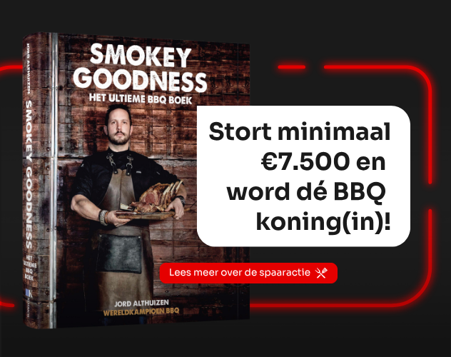 Het Smokey Goodness boek met tekst: stort minimaal 7500 euro en word de barbecue koning(in). Lees meer over de spaaractie