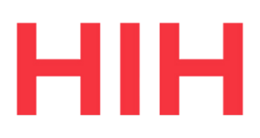 Roodgekleurde letters 'HIH' in een stijlvol logo.