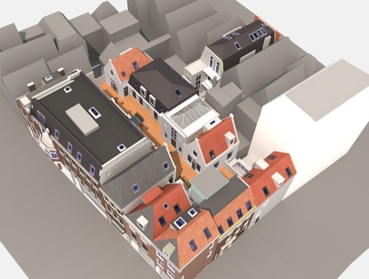3D-model van een stedelijk gebied met huizen, daken in diverse kleuren en een centraal pad tussen de gebouwen.