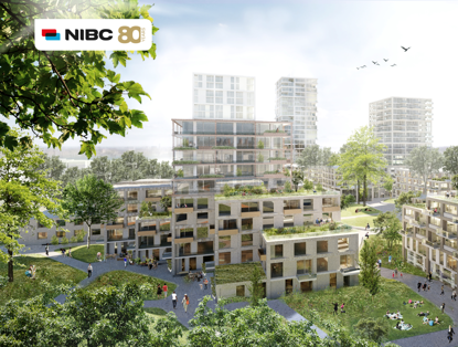 Moderne woningen met groene daken en tuinen, omringd door bomen en open ruimtes, met mensen die buiten van de zon genieten. Bovenaan staat het NIBC-logo.